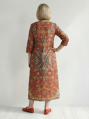 Women's Persian Carpet Print Maxi – V Neck 3/4 Sleeve Placement Motif A-Line Casual Dress