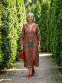 Women's Persian Carpet Print Maxi – V Neck 3/4 Sleeve Placement Motif A-Line Casual Dress