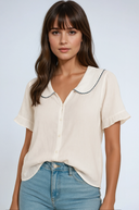 Women's Peter Pan Collar Blouse – Short Sleeve Button Down Scallop Trim Top