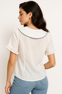 Women's Peter Pan Collar Blouse – Short Sleeve Button Down Scallop Trim Top