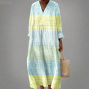 Women's Plaid Colorblock Midi – V Neck Long Sleeve Tiered Casual Summer Dress