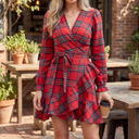 Women's Plaid Wrap Mini Dress – V Neck Long Sleeve Ruffle Hem Tartan Party Dress