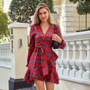 Women's Plaid Wrap Mini Dress – V Neck Long Sleeve Ruffle Hem Tartan Party Dress