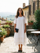 Women's Plain Layered Linen Maxi – Scoop Neck Short Sleeve Wedding Guest Dress