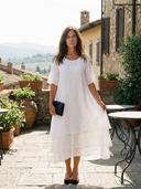 Women's Plain Layered Linen Maxi – Scoop Neck Short Sleeve Wedding Guest Dress