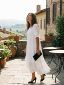 Women's Plain Layered Linen Maxi – Scoop Neck Short Sleeve Wedding Guest Dress