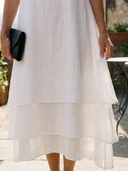 Women's Plain Layered Linen Maxi – Scoop Neck Short Sleeve Wedding Guest Dress