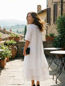 Women's Plain Layered Linen Maxi – Scoop Neck Short Sleeve Wedding Guest Dress