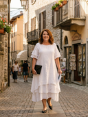Women's Plain Layered Linen Maxi – Scoop Neck Short Sleeve Wedding Guest Dress