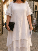 Women's Plain Layered Linen Maxi – Scoop Neck Short Sleeve Wedding Guest Dress