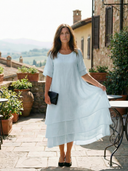 Women's Plain Layered Linen Maxi – Scoop Neck Short Sleeve Wedding Guest Dress