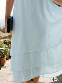 Women's Plain Layered Linen Maxi – Scoop Neck Short Sleeve Wedding Guest Dress
