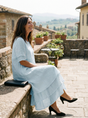 Women's Plain Layered Linen Maxi – Scoop Neck Short Sleeve Wedding Guest Dress