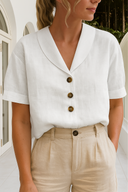 Women's Plain Linen Blend Blouse – V Neck Button Front Short Sleeve Casual Top