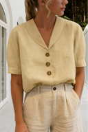 Women's Plain Linen Blend Blouse – V Neck Button Front Short Sleeve Casual Top