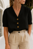 Women's Plain Linen Blend Blouse – V Neck Button Front Short Sleeve Casual Top