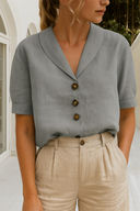 Women's Plain Linen Blend Blouse – V Neck Button Front Short Sleeve Casual Top