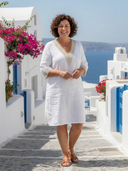 Women's Plain Linen Knee Length – V Neck Three Quarter Sleeve Summer Dress