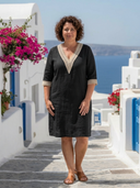 Women's Plain Linen Knee Length – V Neck Three Quarter Sleeve Summer Dress