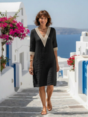 Women's Plain Linen Knee Length – V Neck Three Quarter Sleeve Summer Dress