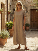 Women's Plain Linen Maxi – Round Neck Short Sleeve Relaxed Casual Summer Dress
