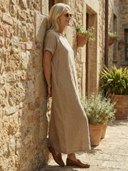 Women's Plain Linen Maxi – Round Neck Short Sleeve Relaxed Casual Summer Dress