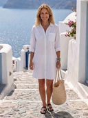 Women's Plain Linen Shirt Dress – Collared Roll Sleeve Button Front Summer Mini