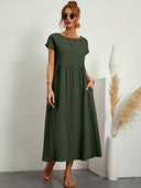 Women's Plain Maxi – Round Neck Cap Sleeve Smock Waist Pocket Casual Summer Dress