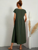 Women's Plain Maxi – Round Neck Cap Sleeve Smock Waist Pocket Casual Summer Dress