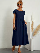 Women's Plain Maxi – Round Neck Cap Sleeve Smock Waist Pocket Casual Summer Dress