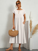 Women's Plain Maxi – Round Neck Cap Sleeve Smock Waist Pocket Casual Summer Dress