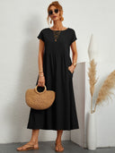 Women's Plain Maxi – Round Neck Cap Sleeve Smock Waist Pocket Casual Summer Dress