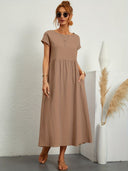 Women's Plain Maxi – Round Neck Cap Sleeve Smock Waist Pocket Casual Summer Dress
