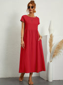 Women's Plain Maxi – Round Neck Cap Sleeve Smock Waist Pocket Casual Summer Dress