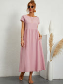 Women's Plain Maxi – Round Neck Cap Sleeve Smock Waist Pocket Casual Summer Dress