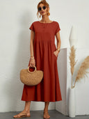 Women's Plain Maxi – Round Neck Cap Sleeve Smock Waist Pocket Casual Summer Dress