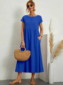 Women's Plain Maxi – Round Neck Cap Sleeve Smock Waist Pocket Casual Summer Dress