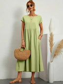 Women's Plain Maxi – Round Neck Cap Sleeve Smock Waist Pocket Casual Summer Dress