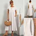 Women's Plain Maxi – Round Neck Cap Sleeve Smock Waist Pocket Casual Summer Dress