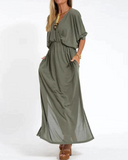 Women's Plain Maxi – V Neck Batwing Sleeve Gathered Waist Pocket Summer Dress