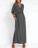 Women's Plain Maxi – V Neck Batwing Sleeve Gathered Waist Pocket Summer Dress