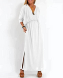 Women's Plain Maxi – V Neck Batwing Sleeve Gathered Waist Pocket Summer Dress
