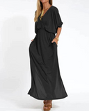 Women's Plain Maxi – V Neck Batwing Sleeve Gathered Waist Pocket Summer Dress