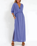 Women's Plain Maxi – V Neck Batwing Sleeve Gathered Waist Pocket Summer Dress