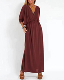 Women's Plain Maxi – V Neck Batwing Sleeve Gathered Waist Pocket Summer Dress