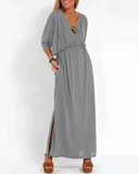 Women's Plain Maxi – V Neck Batwing Sleeve Gathered Waist Pocket Summer Dress