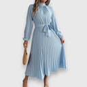 Women's Plain Pleated Midi – Mock Neck Long Sleeve Tie Waist Wedding Guest Dress