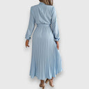 Women's Plain Pleated Midi – Mock Neck Long Sleeve Tie Waist Wedding Guest Dress