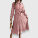 Women's Plain Pleated Midi – Mock Neck Long Sleeve Tie Waist Wedding Guest Dress