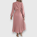 Women's Plain Pleated Midi – Mock Neck Long Sleeve Tie Waist Wedding Guest Dress